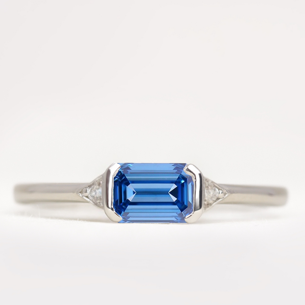 Hattie - Emerald or Radiant Cut Coloured Lab Grown Diamond East-West Art Deco Trilogy Engagement Ring Engagement Rings - Price On Application