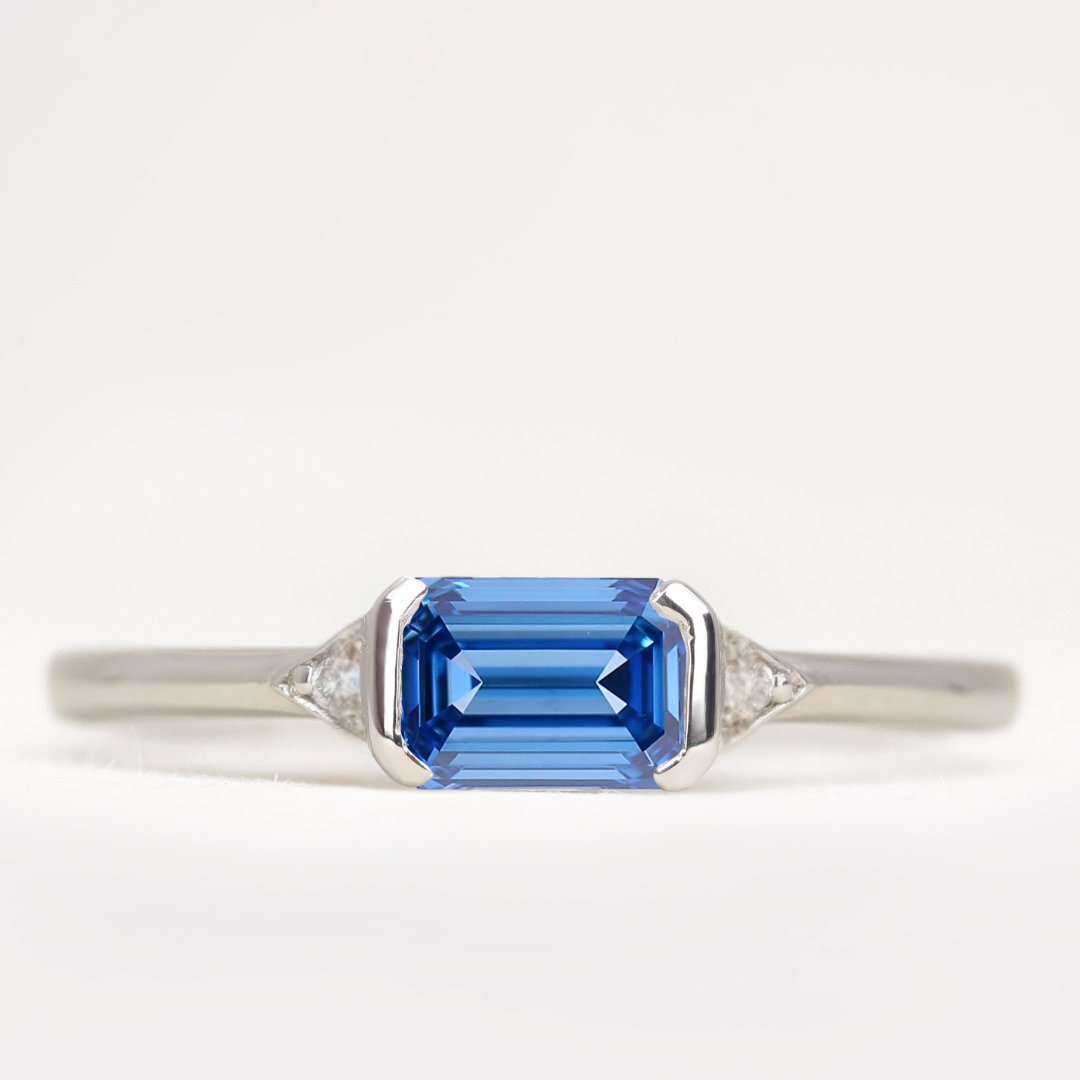 Hattie - Emerald or Radiant Cut Coloured Lab Grown Diamond East-West Art Deco Trilogy Engagement Ring Engagement Rings - Price On Application