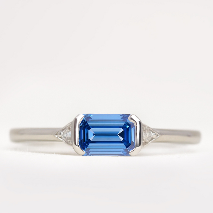 Hattie - Emerald or Radiant Cut Coloured Lab Grown Diamond East-West Art Deco Trilogy Engagement Ring Engagement Rings - Price On Application