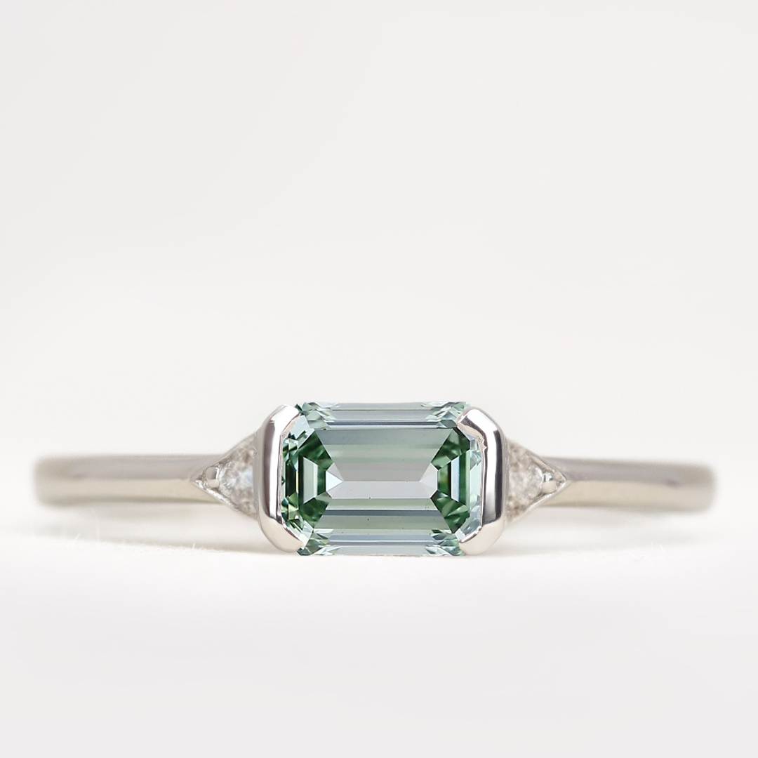 Hattie - Emerald or Radiant Cut Coloured Lab Grown Diamond East-West Art Deco Trilogy Engagement Ring Engagement Rings - Price On Application
