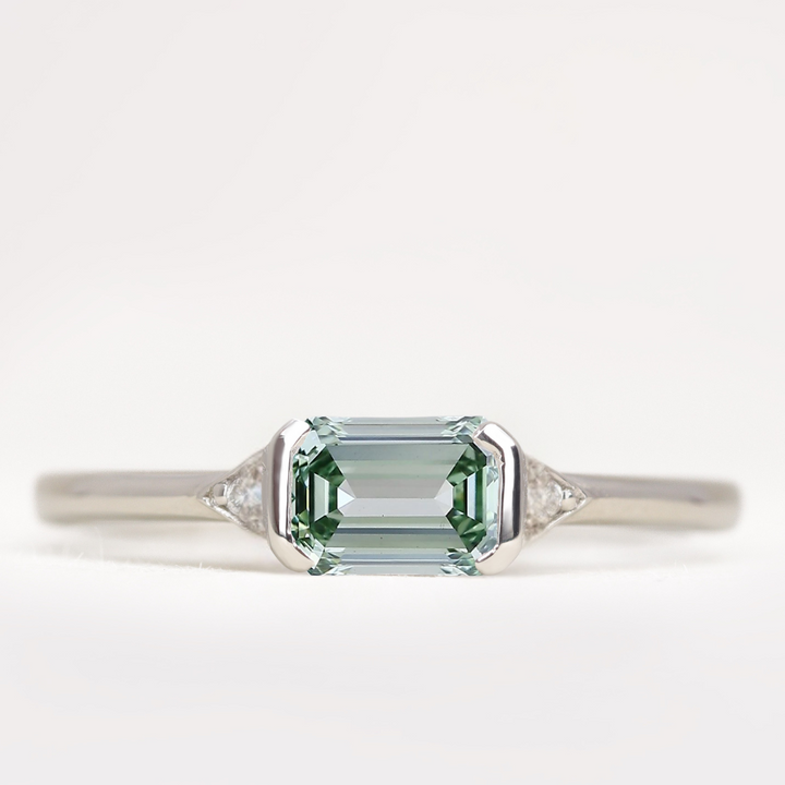 Hattie - Emerald or Radiant Cut Coloured Lab Grown Diamond East-West Art Deco Trilogy Engagement Ring Engagement Rings - Price On Application