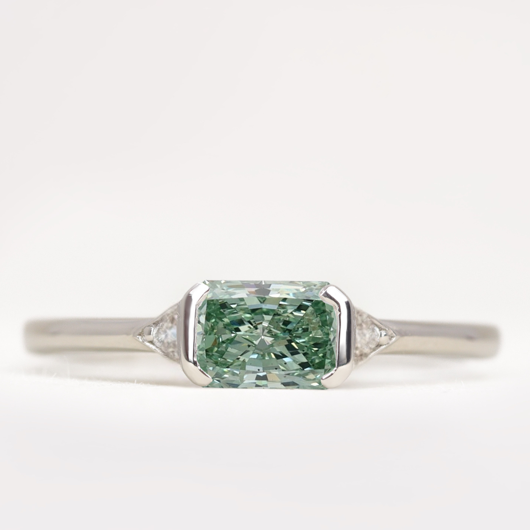 Hattie - Emerald or Radiant Cut Coloured Lab Grown Diamond East-West Art Deco Trilogy Engagement Ring Engagement Rings - Price On Application