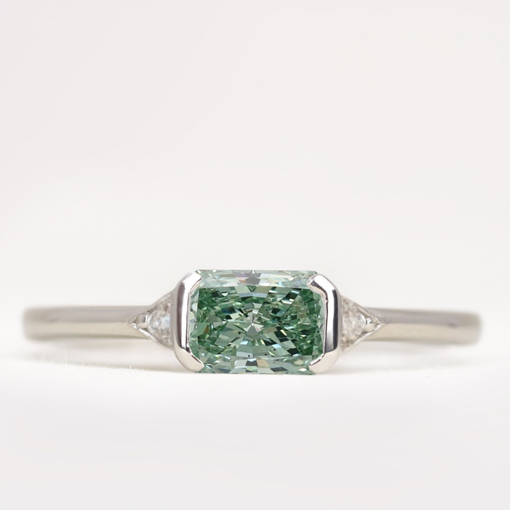 Hattie - Emerald or Radiant Cut Coloured Lab Grown Diamond East-West Art Deco Trilogy Engagement Ring Engagement Rings - Price On Application