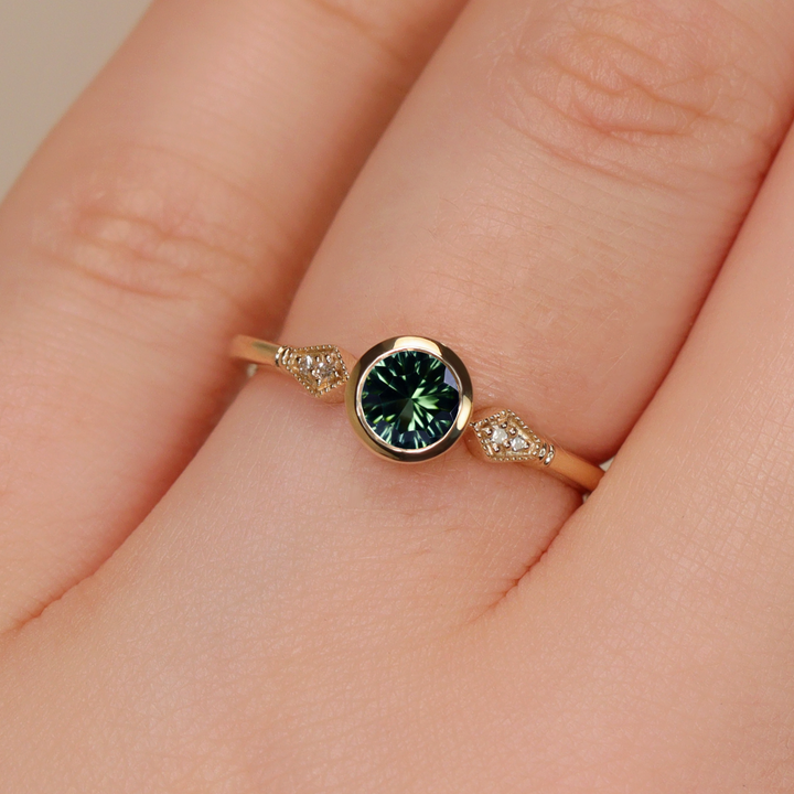 Lola - Round Optix Cut Green Tourmaline Art Deco Engagement Ring Engagement Rings - Made-to-Order