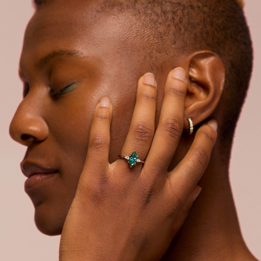 Elspeth - Marquise Cut Teal Moissanite and Diamond Trilogy Engagement Ring Engagement Rings - Made-to-Order