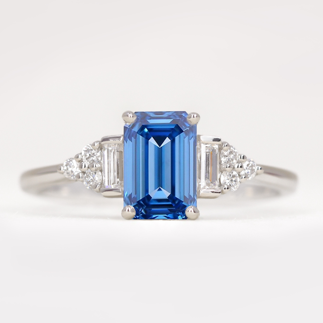 Arden - Emerald or Radiant Cut Coloured Lab Grown Diamond Art Deco Engagement Ring Engagement Rings - Price On Application