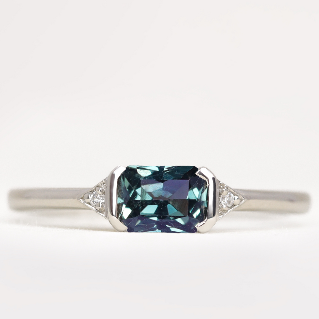 Hattie - Radiant Cut Teal Blue Sapphire Art Deco Trilogy Engagement Ring Engagement Rings - Price On Application
