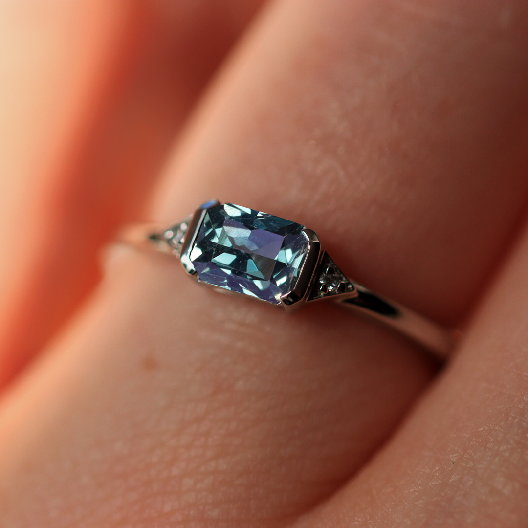 Hattie - Radiant Cut Teal Blue Sapphire Art Deco Trilogy Engagement Ring Engagement Rings - Price On Application