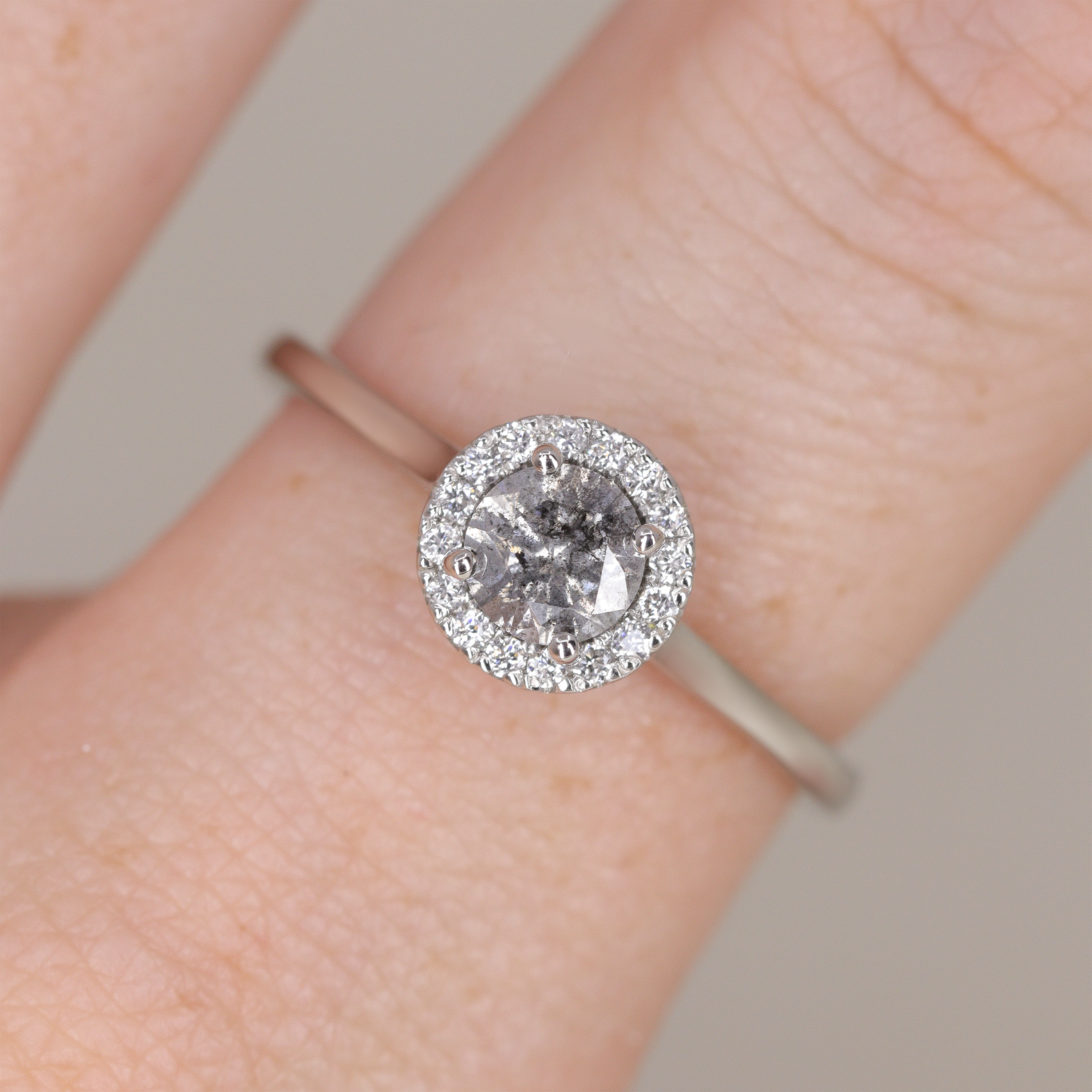 April Round Salt and Pepper Diamond and Round Brilliant Cut Halo