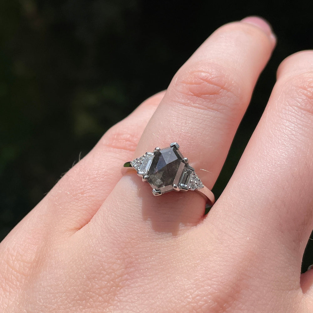 Arden - Elongated Hexagon Salt and Pepper Diamond Art Deco Engagement Ring Engagement Rings - Price On Application