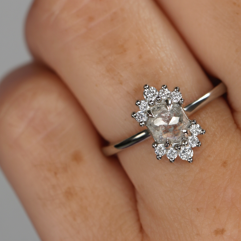 Ariana - Salt & Pepper Diamond Halo Ring - Ready-to-Wear Engagement Rings - Ready-to-Ship