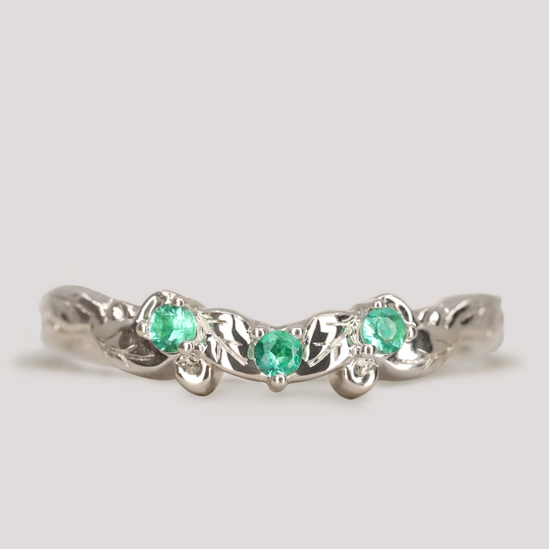 Willow - Leaf/Vine Detail Shaped Emerald or Diamond Set Wedding Ring - Made-To-Order Wedding Rings - Made-to-Order