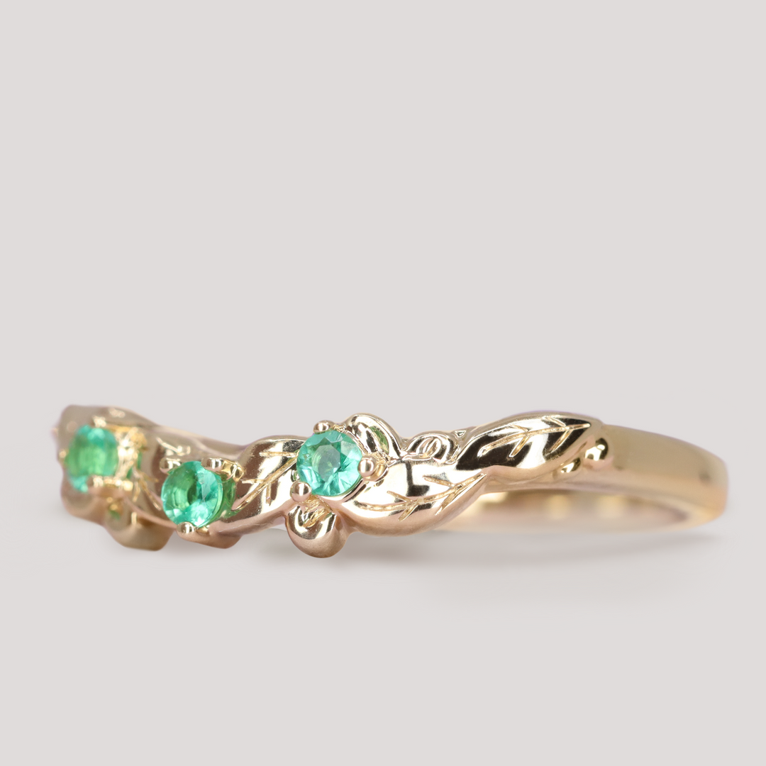 Willow - Leaf/Vine Detail Shaped Emerald or Diamond Set Wedding Ring - Made-To-Order Wedding Rings - Made-to-Order