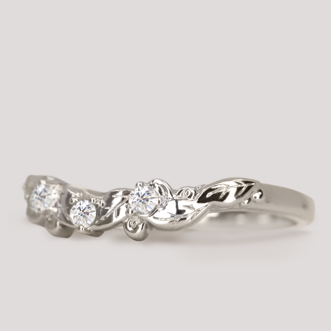 Willow - Leaf/Vine Detail Shaped Emerald or Diamond Set Wedding Ring - Made-To-Order Wedding Rings - Made-to-Order