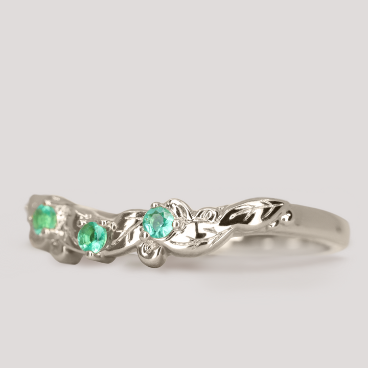 Willow - Leaf/Vine Detail Shaped Emerald or Diamond Set Wedding Ring - Made-To-Order Wedding Rings - Made-to-Order