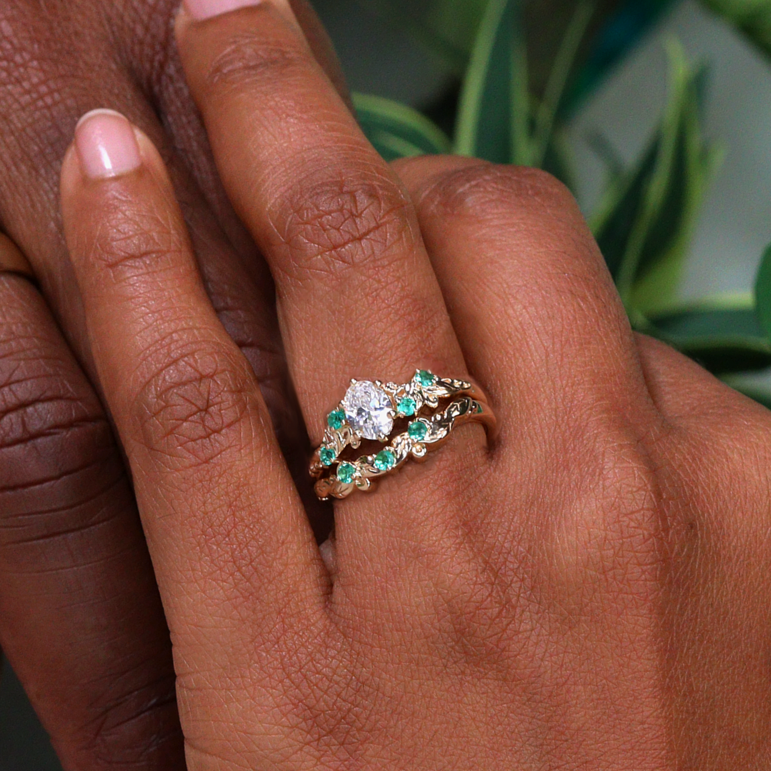 Botanicals engagement and wedding rings