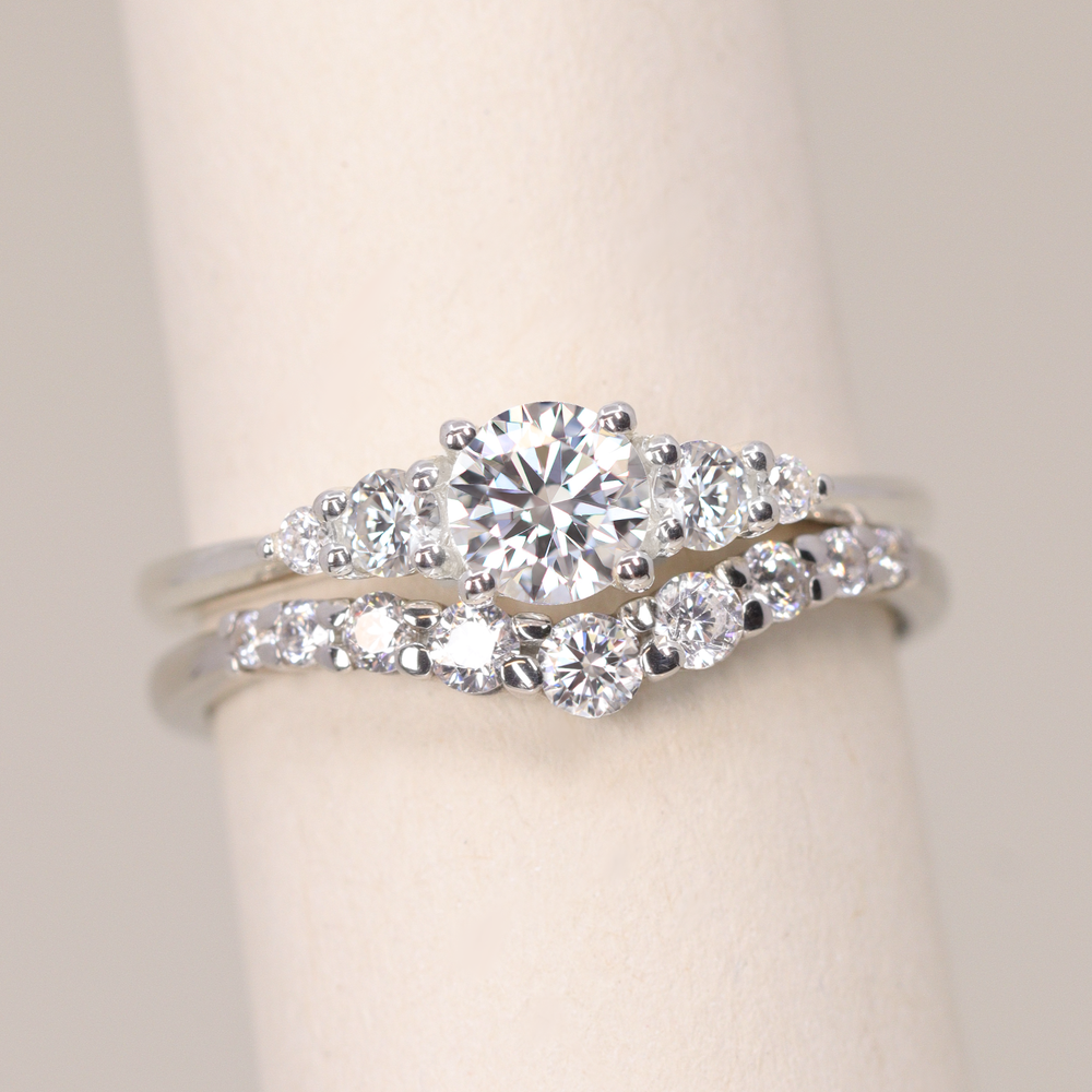 Bridal Set - Caitlin & Cleo - Round Lab Grown Diamond Five Stone Engagement Ring and Graduating Shaped Wedding Ring Bridal Sets