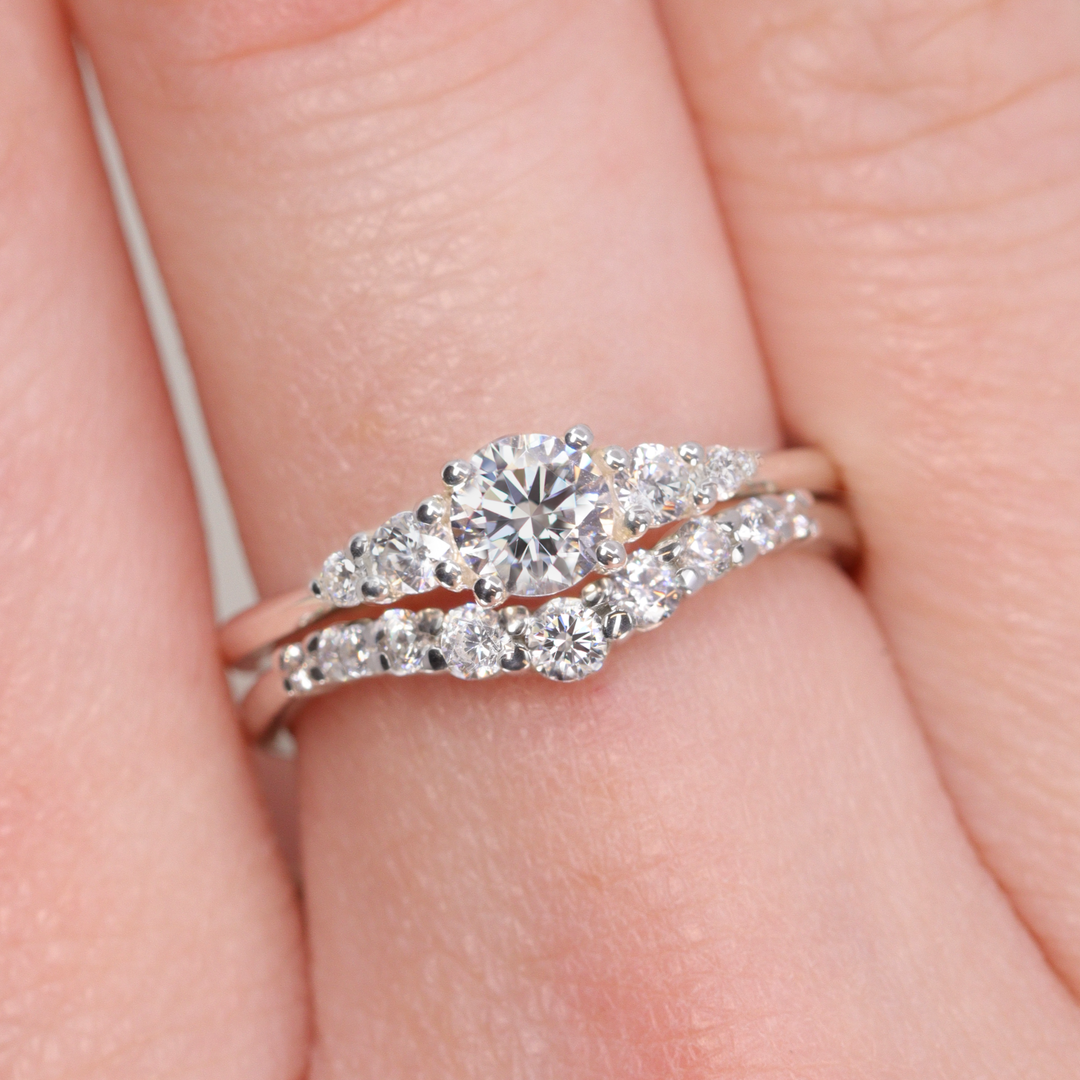 Bridal Set - Caitlin & Cleo - Round Lab Grown Diamond Five Stone Engagement Ring and Graduating Shaped Wedding Ring Bridal Sets