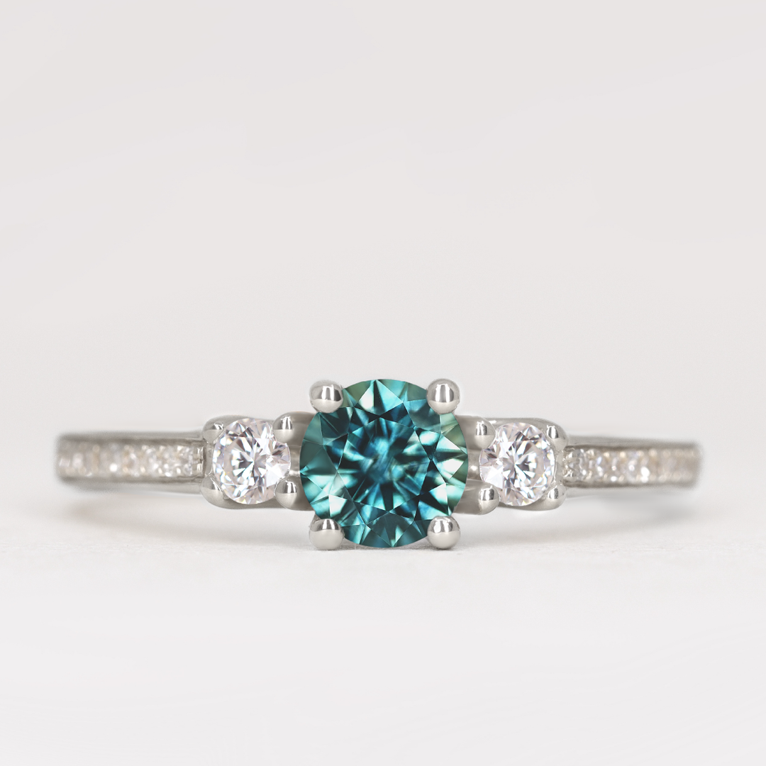 Callie - Round Brilliant Cut Teal Sapphire Delicate Trilogy Engagement Ring Engagement Rings - Made-to-Order