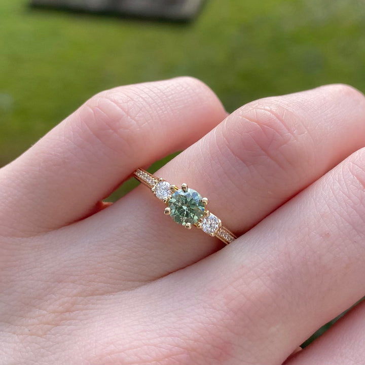 Callie - Round Brilliant Cut Green Diamond Trilogy Engagement Ring Engagement Rings - Price On Application