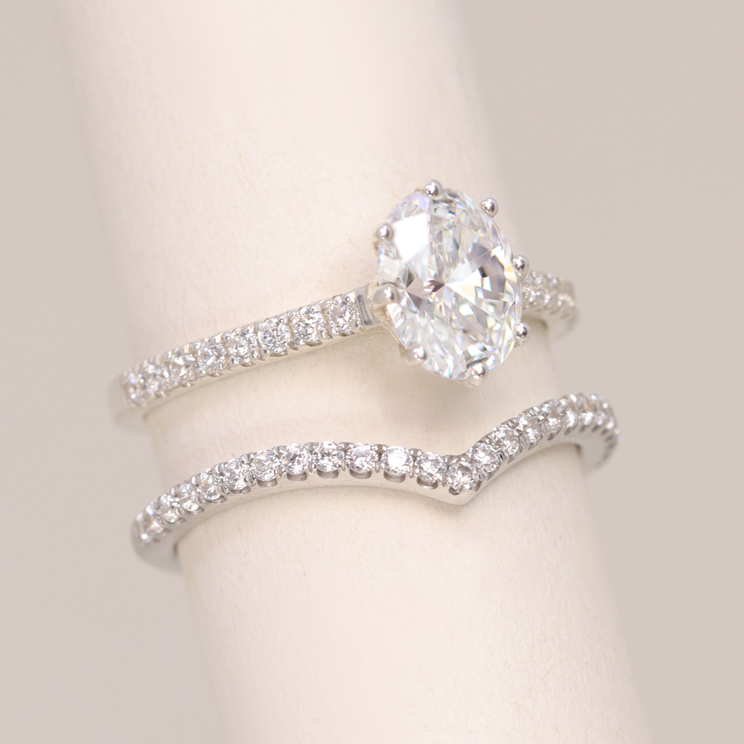 Bridal Set - Carmen & Ellis - Oval Lab Grown Diamond Solitaire Engagement Ring with Pavé Band and Diamond Wishbone Wedding Ring Bridal Sets