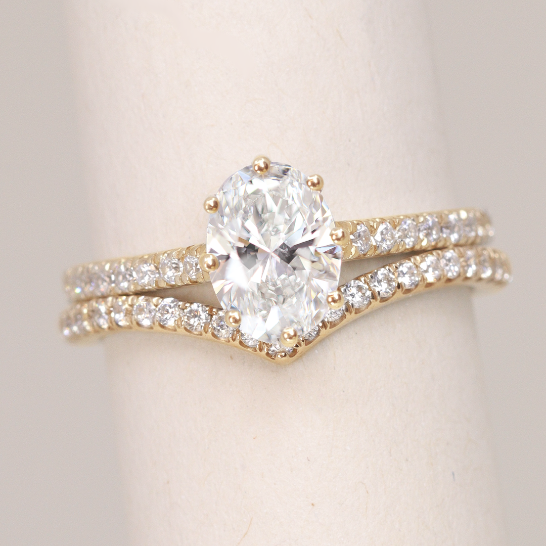 Bridal Set - Carmen & Ellis - Oval Lab Grown Diamond Solitaire Engagement Ring with Pavé Band and Diamond Wishbone Wedding Ring Bridal Sets