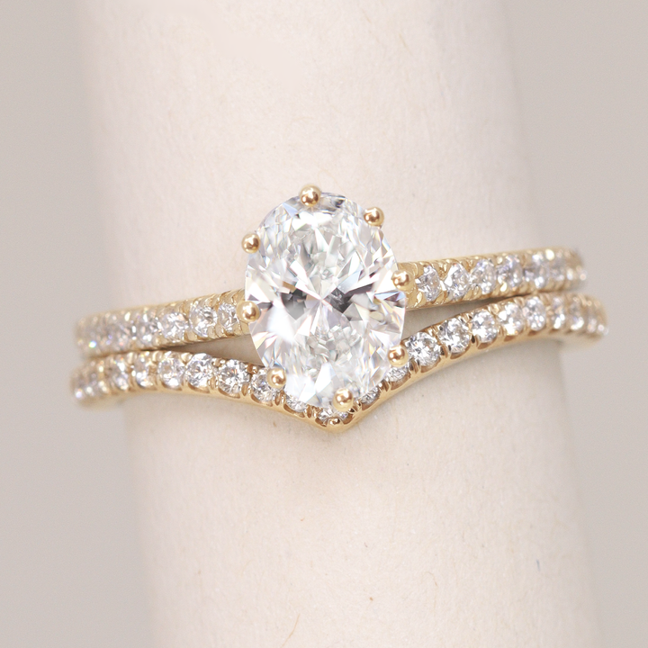 Bridal Set - Carmen & Ellis - Oval Lab Grown Diamond Solitaire Engagement Ring with Pavé Band and Diamond Wishbone Wedding Ring Bridal Sets