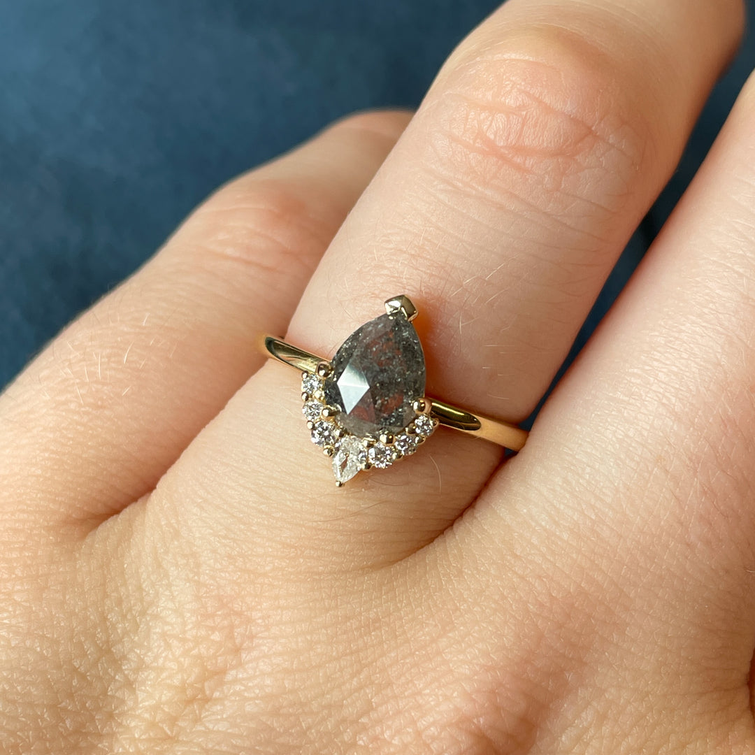 Celeste - Pear Teardrop Cut Salt and Pepper Diamond Half Halo Engagement Ring Engagement Rings - Price On Application