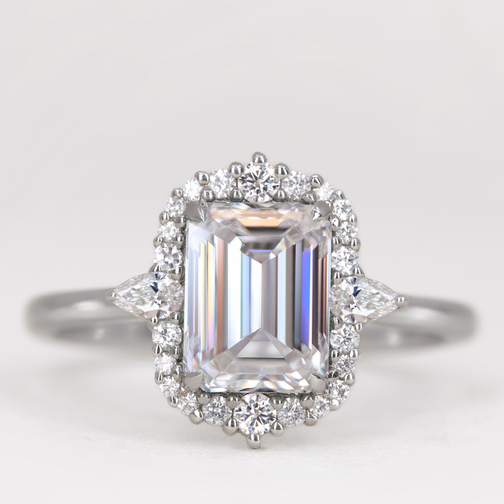 Cordelia - Emerald Cut Lab Grown Diamond Graduated Halo Engagement Ring Engagement Rings - Made-to-Order