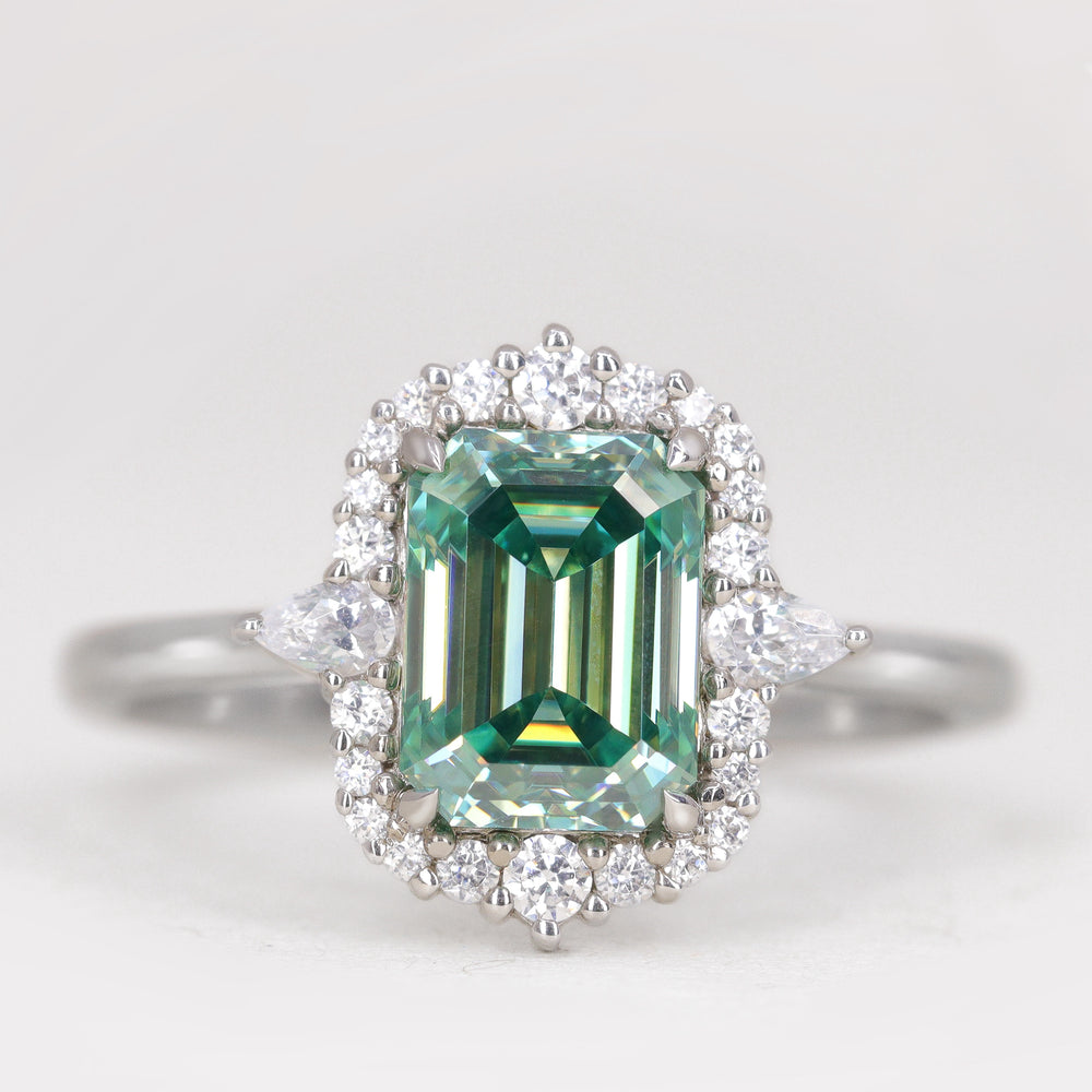 Cordelia - Emerald Cut Teal Moissanite Halo Engagement Ring Engagement Rings - Made-to-Order