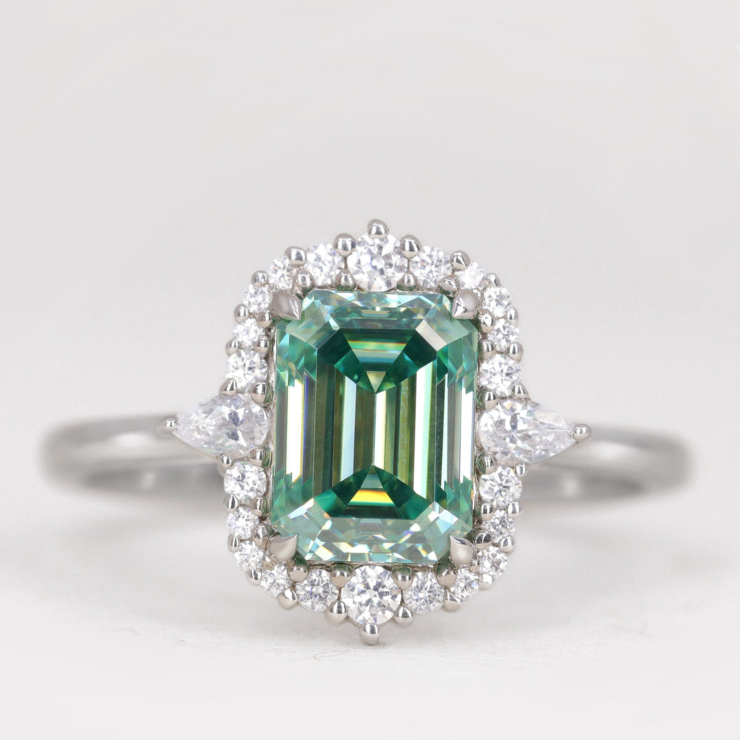 Cordelia - Emerald Cut Teal Moissanite Halo Engagement Ring Engagement Rings - Made-to-Order