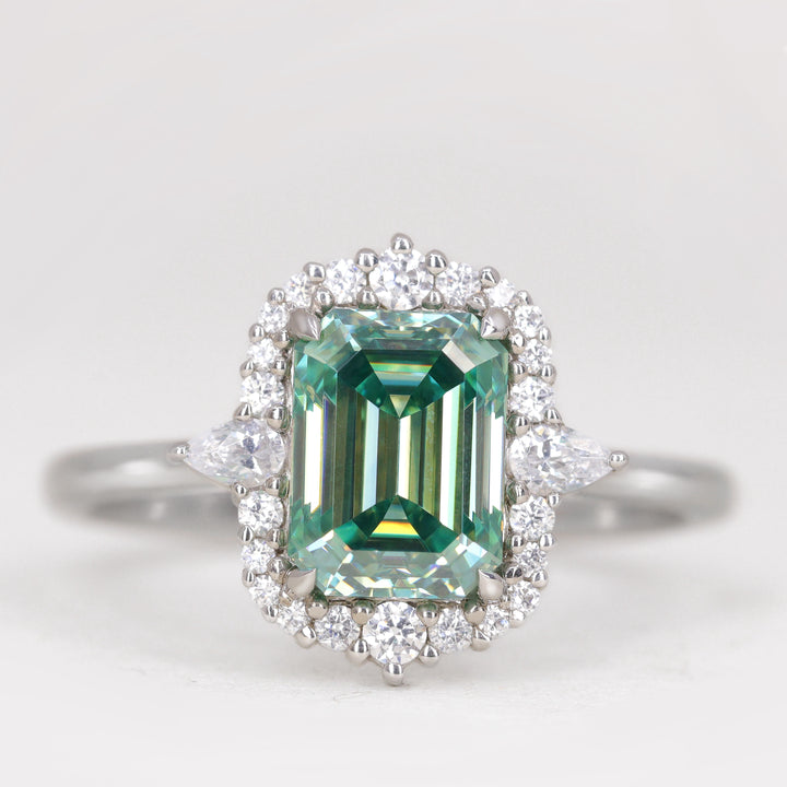 Cordelia - Emerald Cut Teal Moissanite Halo Engagement Ring Engagement Rings - Made-to-Order