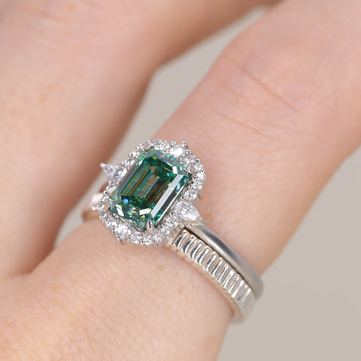 Cordelia - Emerald Cut Teal Moissanite Halo Engagement Ring Engagement Rings - Made-to-Order