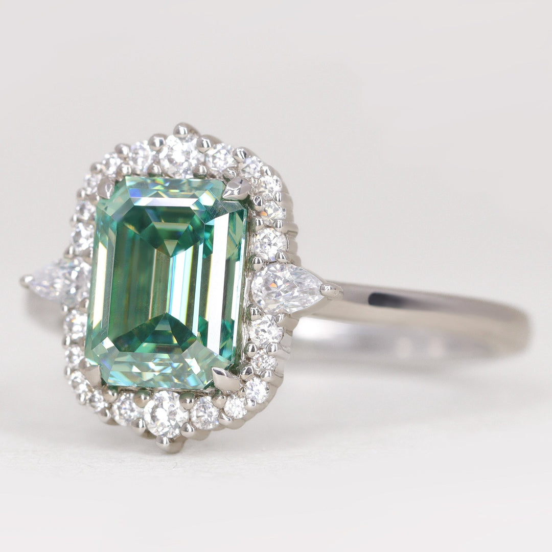 Cordelia - Emerald Cut Teal Moissanite Halo Engagement Ring Engagement Rings - Made-to-Order