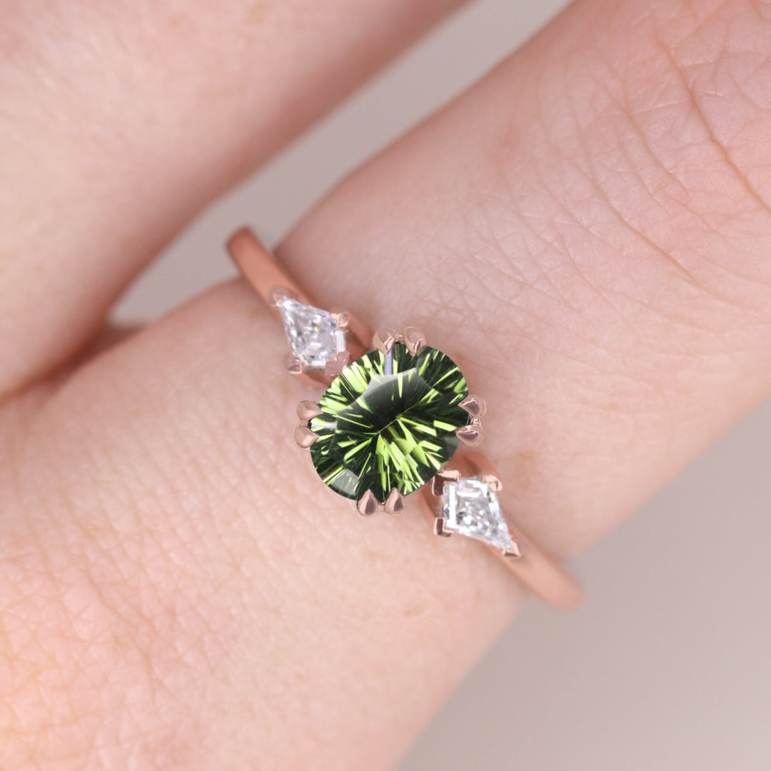 Dahlia - Oval Optix Cut Green Tourmaline Trilogy Engagement Ring Engagement Rings - Made-to-Order