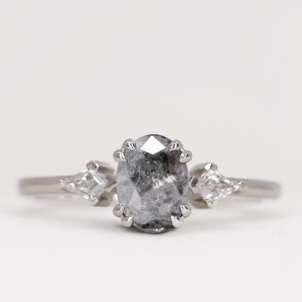 Dahlia - Oval Cut Salt and Pepper Diamond Trilogy Engagement Ring Engagement Rings - Price On Application