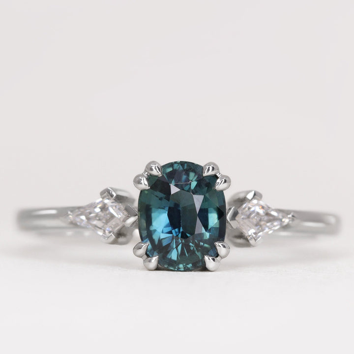 Dahlia - Oval Cut Teal Sapphire Trilogy Engagement Ring Engagement Rings - Made-to-Order