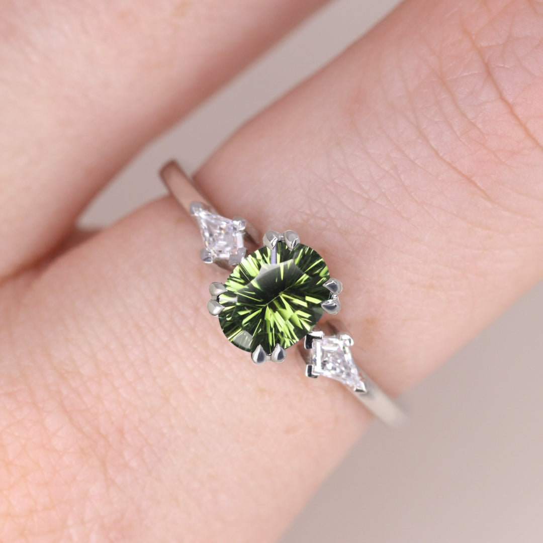 Dahlia - Oval Optix Cut Green Tourmaline Trilogy Engagement Ring Engagement Rings - Made-to-Order