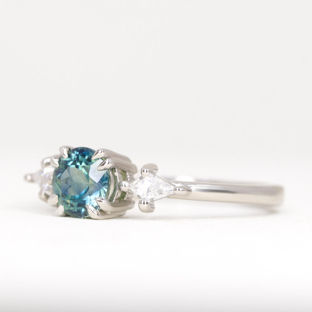 Dahlia - Round Teal Sapphire and Kite Cut Diamonds Trilogy Engagement Ring Engagement Rings - Price On Application