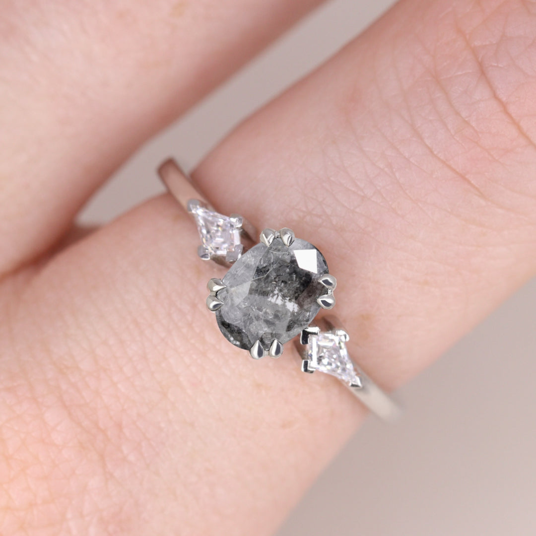 Dahlia - Oval Cut Salt and Pepper Diamond Trilogy Engagement Ring Engagement Rings - Price On Application
