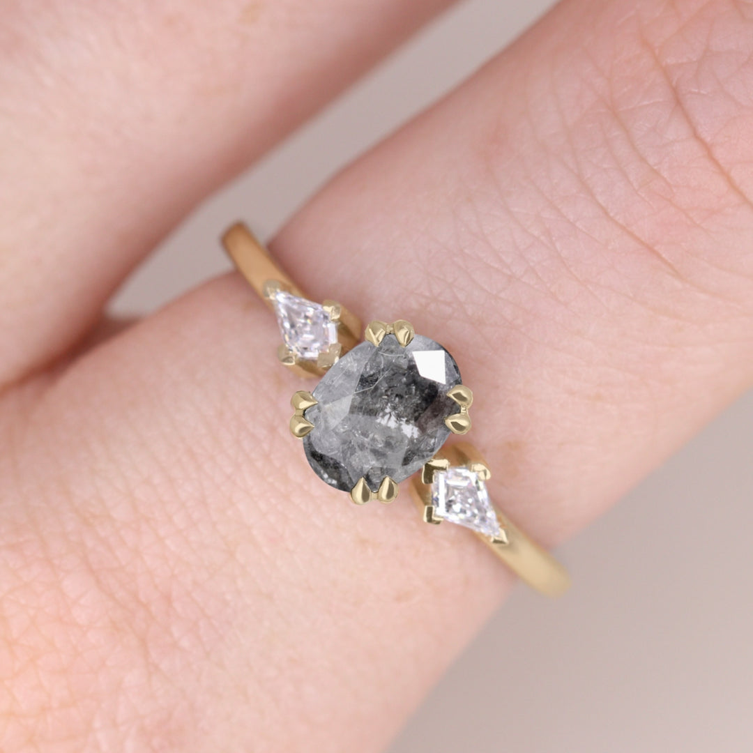 Dahlia - Oval Cut Salt and Pepper Diamond Trilogy Engagement Ring Engagement Rings - Price On Application