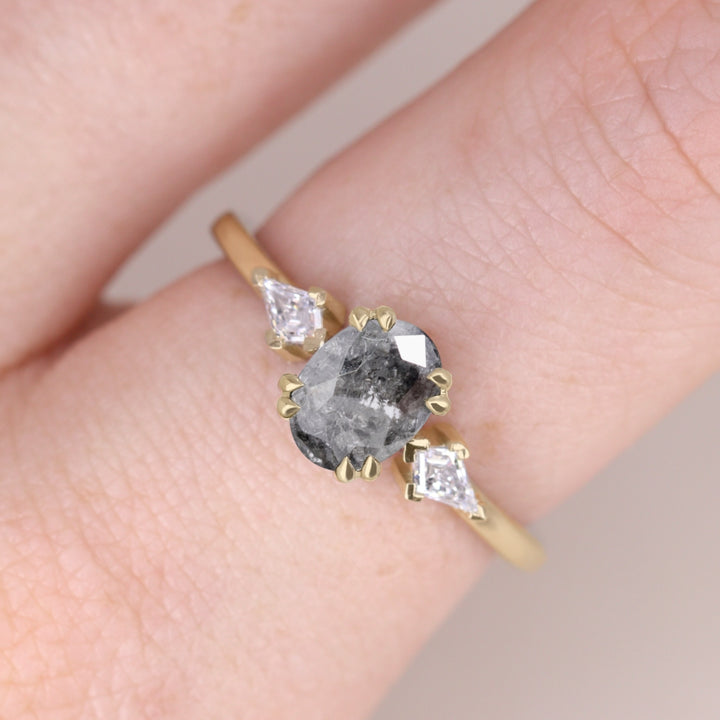 Dahlia - Oval Cut Salt and Pepper Diamond Trilogy Engagement Ring Engagement Rings - Price On Application