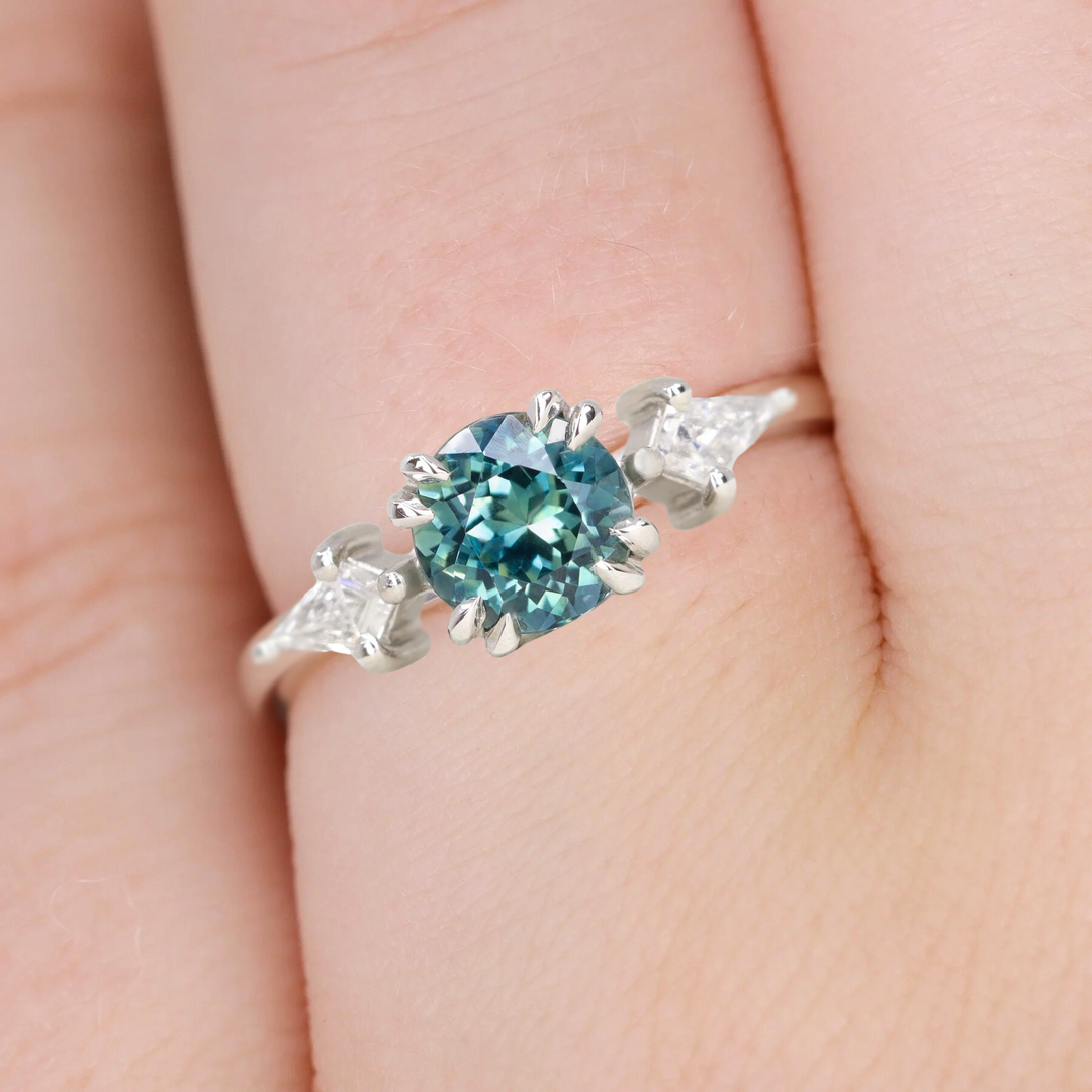 Dahlia - Round Teal Sapphire and Kite Cut Diamonds Trilogy Engagement Ring Engagement Rings - Price On Application