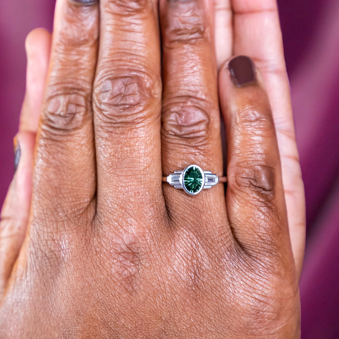 Esther - Oval Optix Cut Green Tourmaline Bezel Set Art Deco Engagement Ring Engagement Rings - Made-to-Order