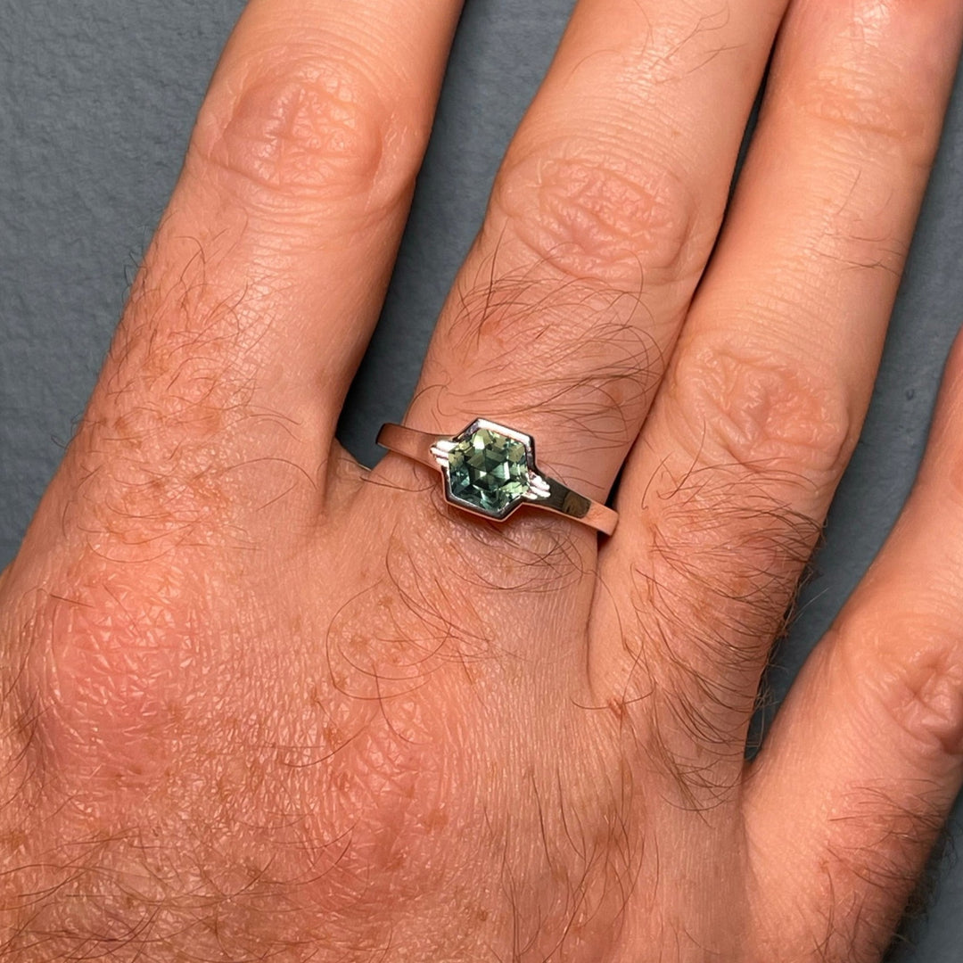 Drew - Hexagon Cut Teal Sapphire Solitaire Unisex Engagement Ring Engagement Rings - Price On Application