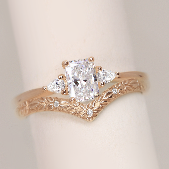 Bridal Set - Elspeth & Bethan - Radiant Cut Lab Grown Diamond Trilogy Engagement Ring and Floral Diamond Wishbone Wedding Ring Bridal Sets