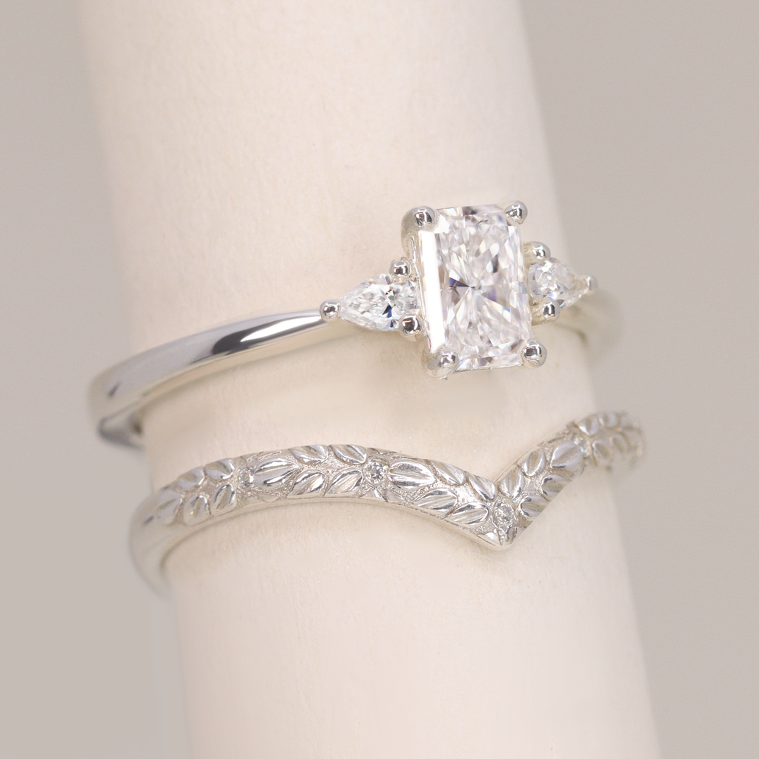 Bridal Set - Elspeth & Bethan - Radiant Cut Lab Grown Diamond Trilogy Engagement Ring and Floral Diamond Wishbone Wedding Ring Bridal Sets