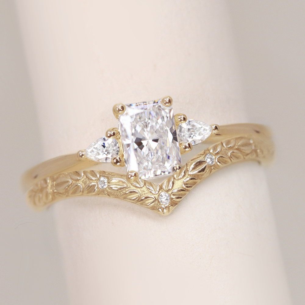 Bridal Set - Elspeth & Bethan - Radiant Cut Lab Grown Diamond Trilogy Engagement Ring and Floral Diamond Wishbone Wedding Ring Bridal Sets