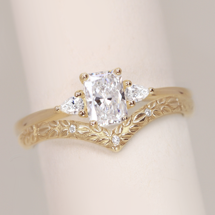 Bridal Set - Elspeth & Bethan - Radiant Cut Lab Grown Diamond Trilogy Engagement Ring and Floral Diamond Wishbone Wedding Ring Bridal Sets