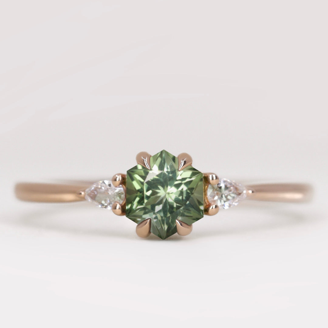 Elspeth - Hexagon Cut Green Tourmaline Trilogy Engagement Ring Engagement Rings - Made-to-Order